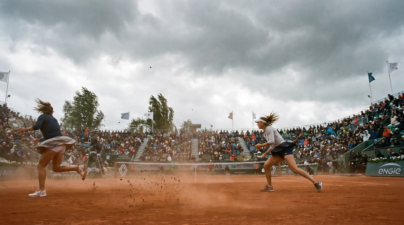 Wind conditions at an outdoor tennis venue affecting serve and return play