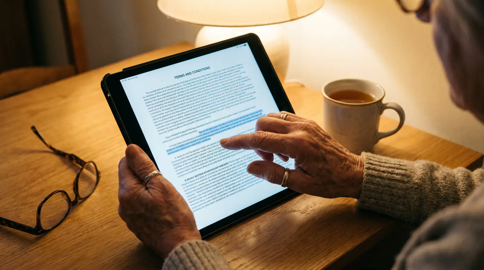 Person reading detailed terms and conditions of a tennis betting welcome offer on a tablet